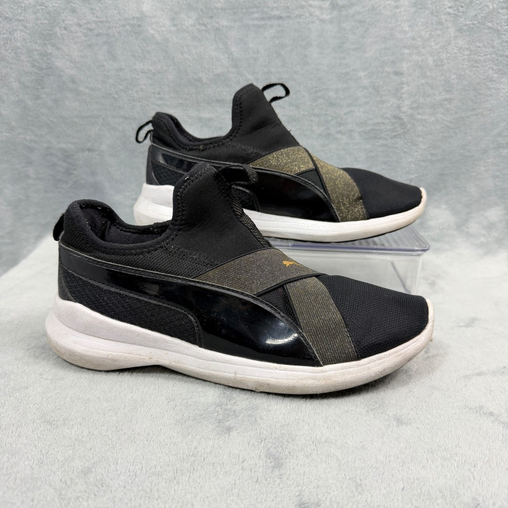 Puma Womens 8.5 Black Gold SoftFoam Slip-On Sneaker Prowl Alt Mesh 190540-02